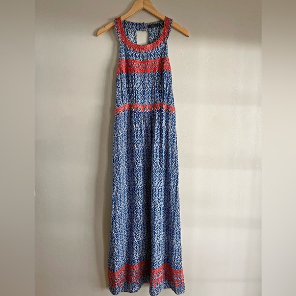 THML Blue Red Embroidered Boho Maxi Dress M Ikat Print Sleeveless Summer - Picture 7 of 7